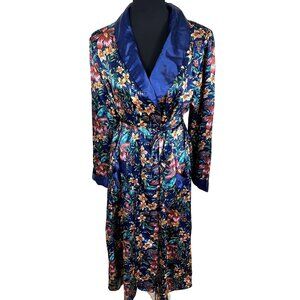 Vtg Womens Floral Satin Robe Belt Navy Blue Medium Pockets Tie Long